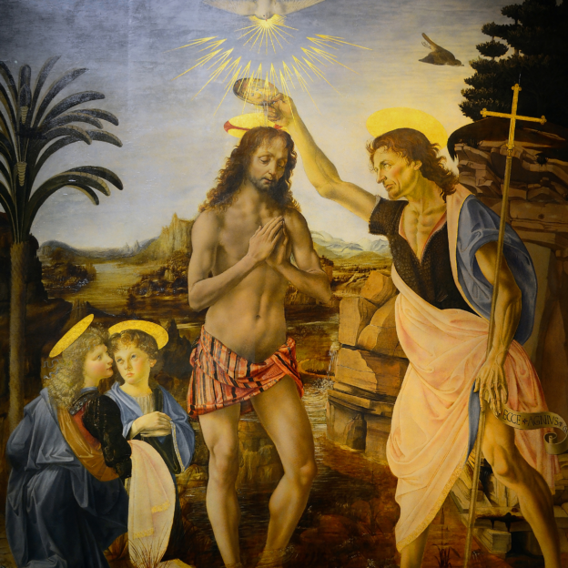 The Baptism of Christ: In this Renaissance masterpiece, Andrea del Verrocchio and his pupil Leonardo da Vinci collaborated, with Verrocchio painting the central figures and Leonardo contributing the angel on the left, showcasing their combined artistry and the mentor-apprentice relationship typical of the era.